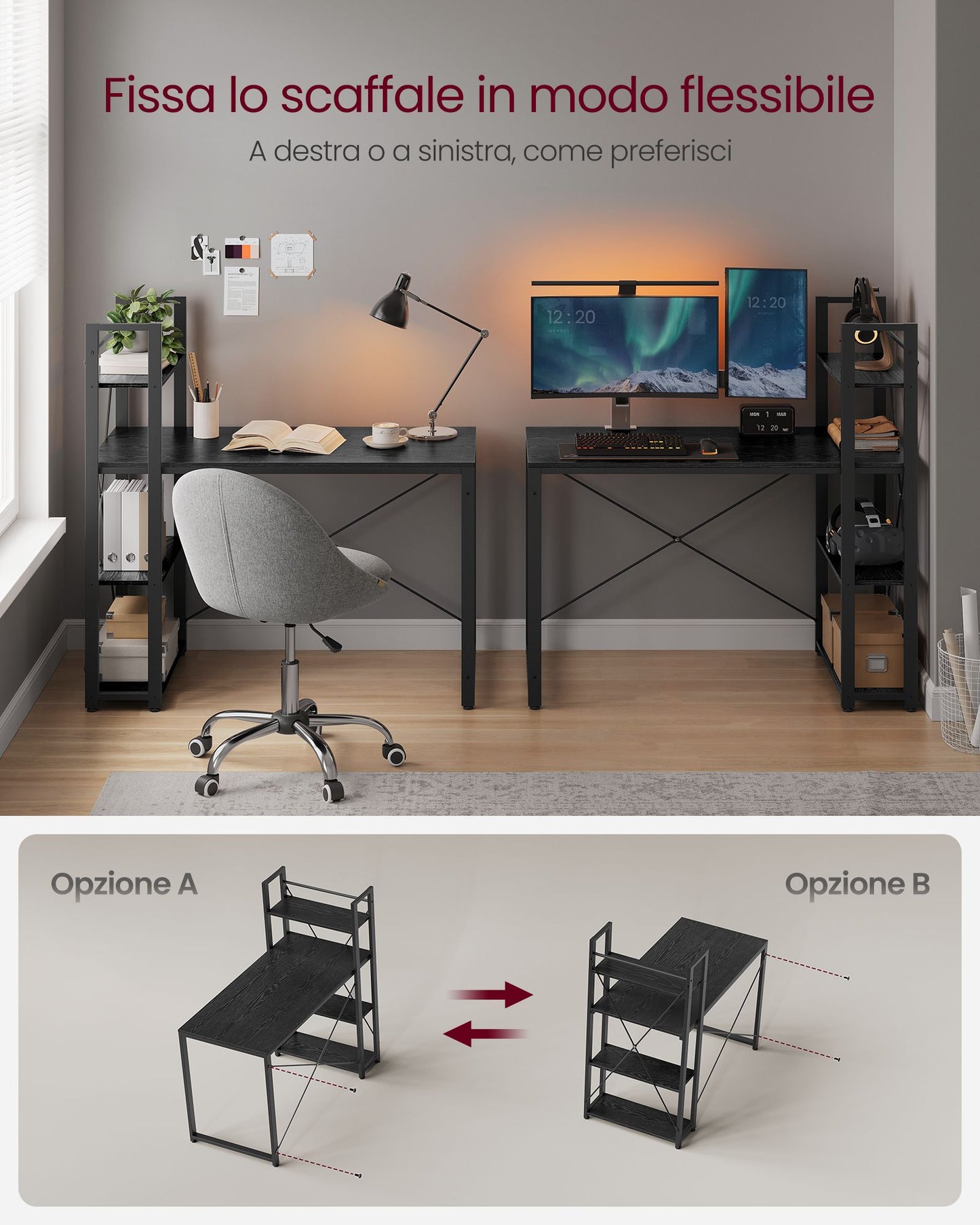 Scrivania con Libreria, Scrivania Ufficio, Scrivania PC, con Ripiani, Tavolo da Lavoro 120cm, Nero, Vasagle, 1