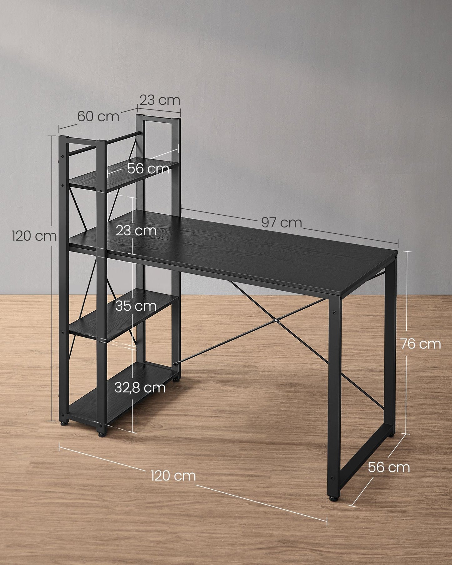 Scrivania con Libreria, Scrivania Ufficio, Scrivania PC, con Ripiani, Tavolo da Lavoro 120cm, Nero, Vasagle, 1
