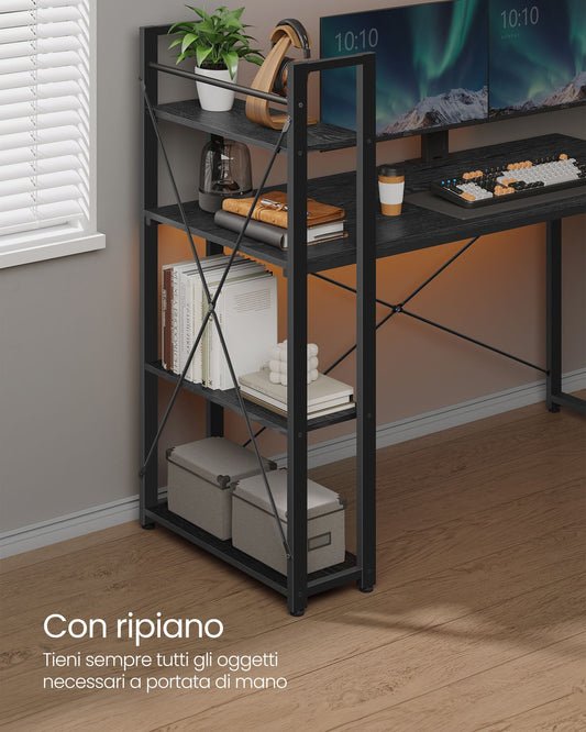 Scrivania con Libreria, Scrivania Ufficio, Scrivania PC, con Ripiani, Tavolo da Lavoro, 137cm, Nero, Vasagle, 1