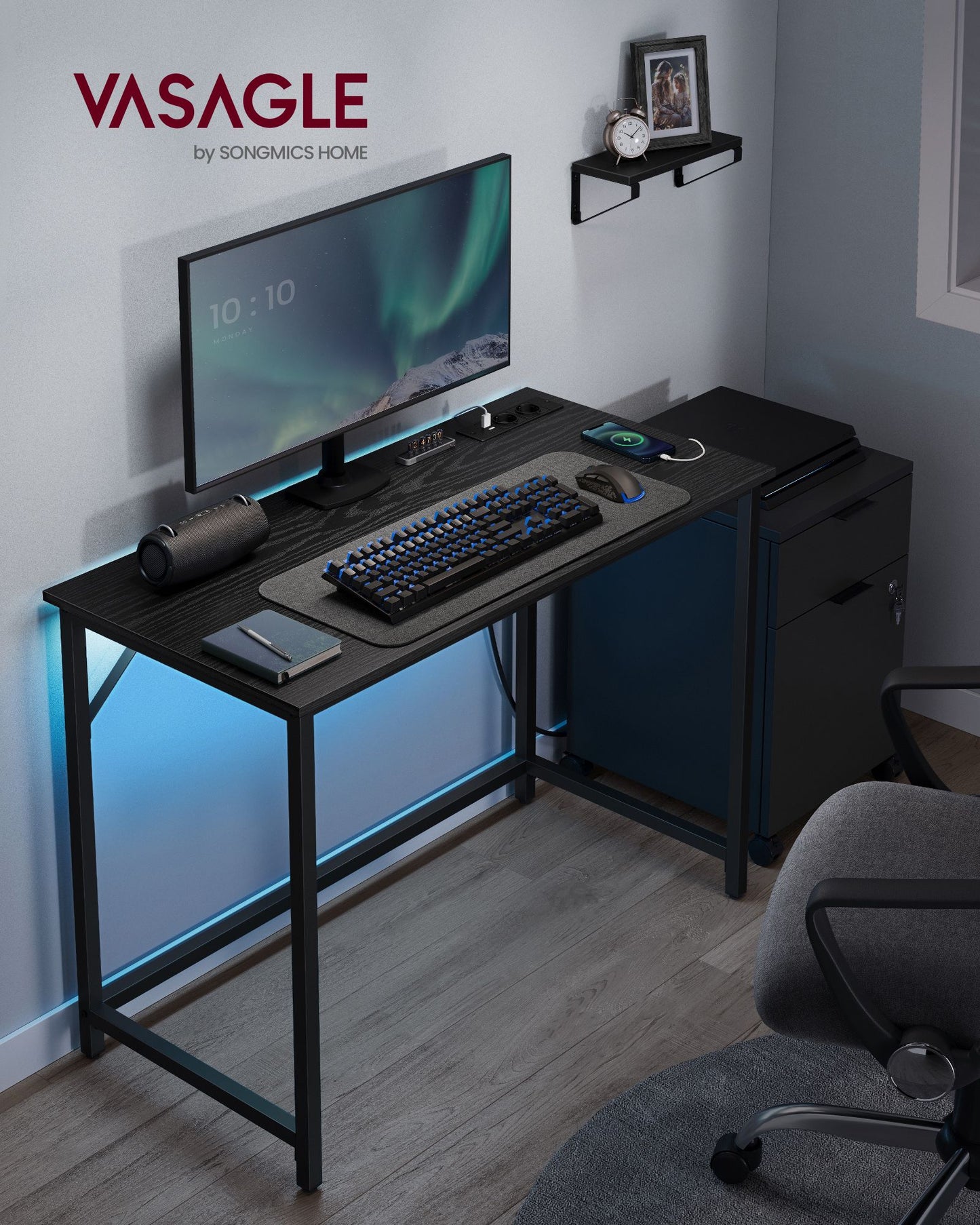 Scrivania Gaming, Scrivania PC, con Luci LED e Ciabatta Elettrica Integrata, Scrivania Studio, Nero, Vasagle, 1