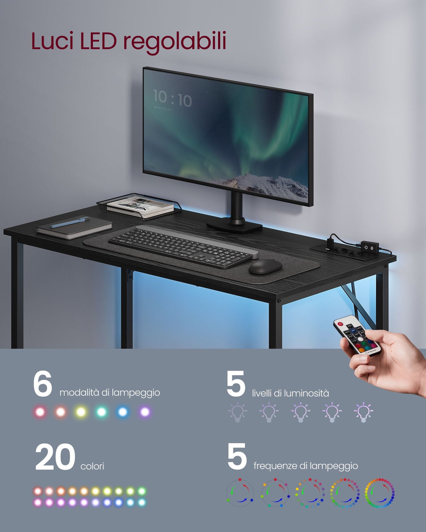 Scrivania Gaming, Scrivania PC, con Luci LED e Ciabatta Elettrica Integrata, Scrivania Studio, Nero, Vasagle, 1