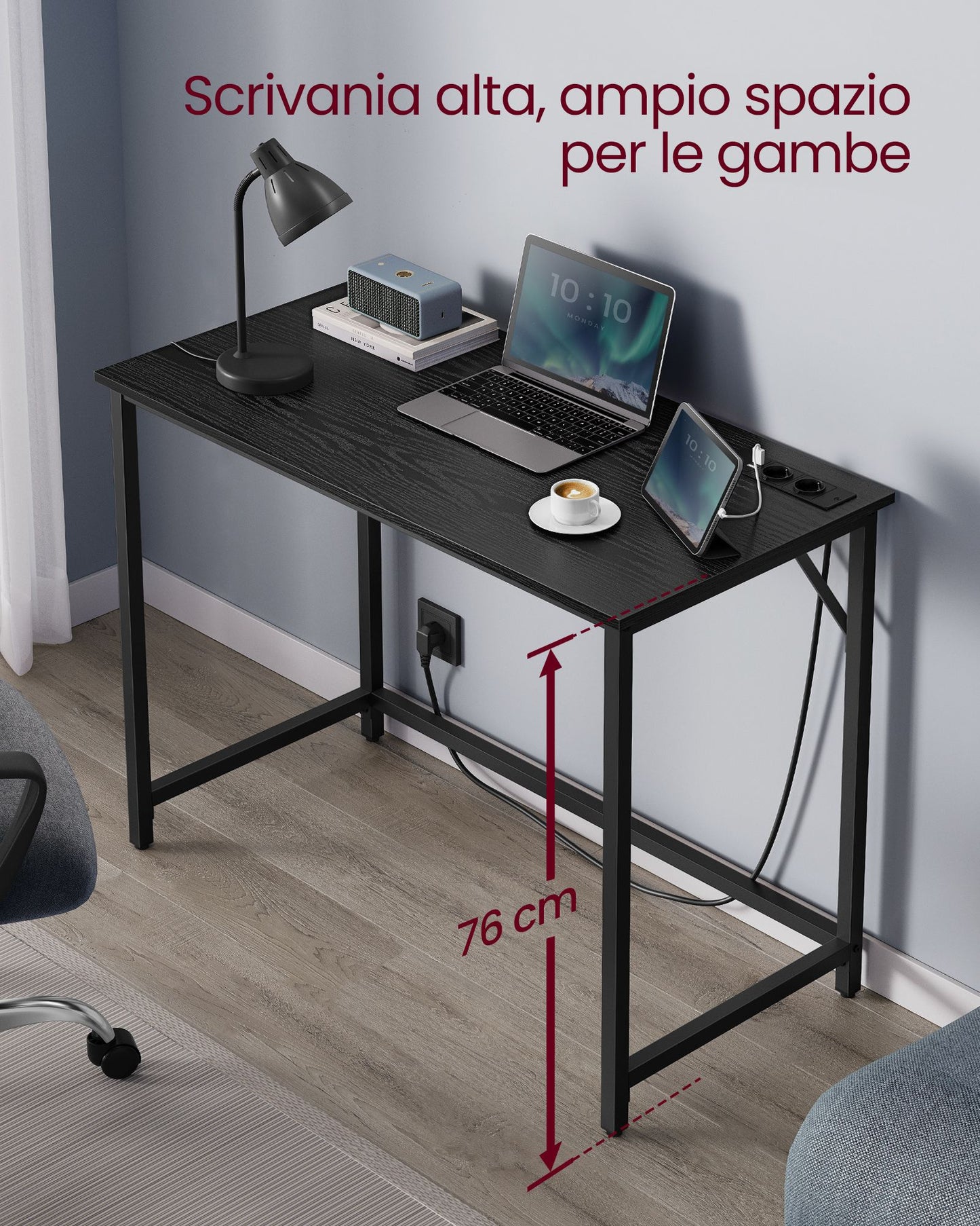 Scrivania Gaming, Scrivania PC, con Luci LED e Ciabatta Elettrica Integrata, Scrivania Studio, Nero, Vasagle, 1