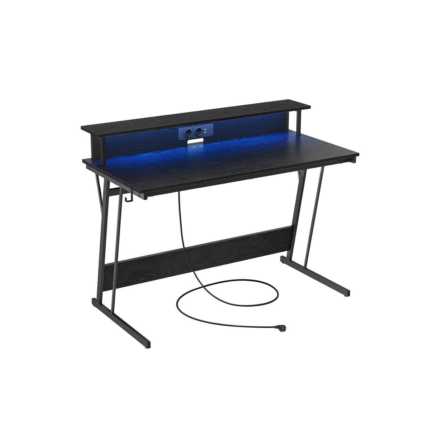 Scrivania Gaming, Scrivania PC, con Luci LED e Prese di Corrente, Supporto per 2 Monitor, Camera da Letto, Nero, Vasagle, 1