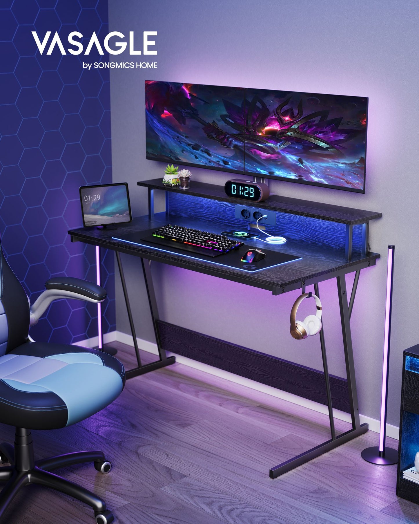 Scrivania Gaming, Scrivania PC, con Luci LED e Prese di Corrente, Supporto per 2 Monitor, Camera da Letto, Nero, Vasagle, 1