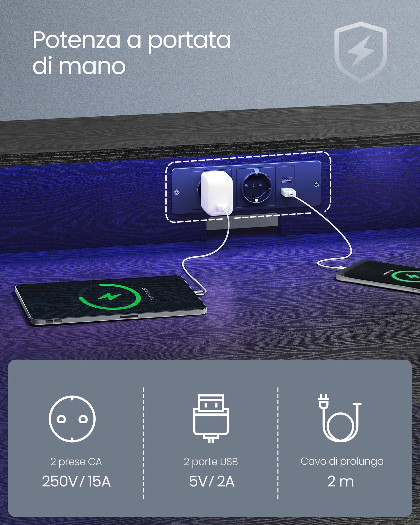 Scrivania Gaming, Scrivania PC, con Luci LED e Prese di Corrente, Supporto per 2 Monitor, Camera da Letto, Nero, Vasagle, 1