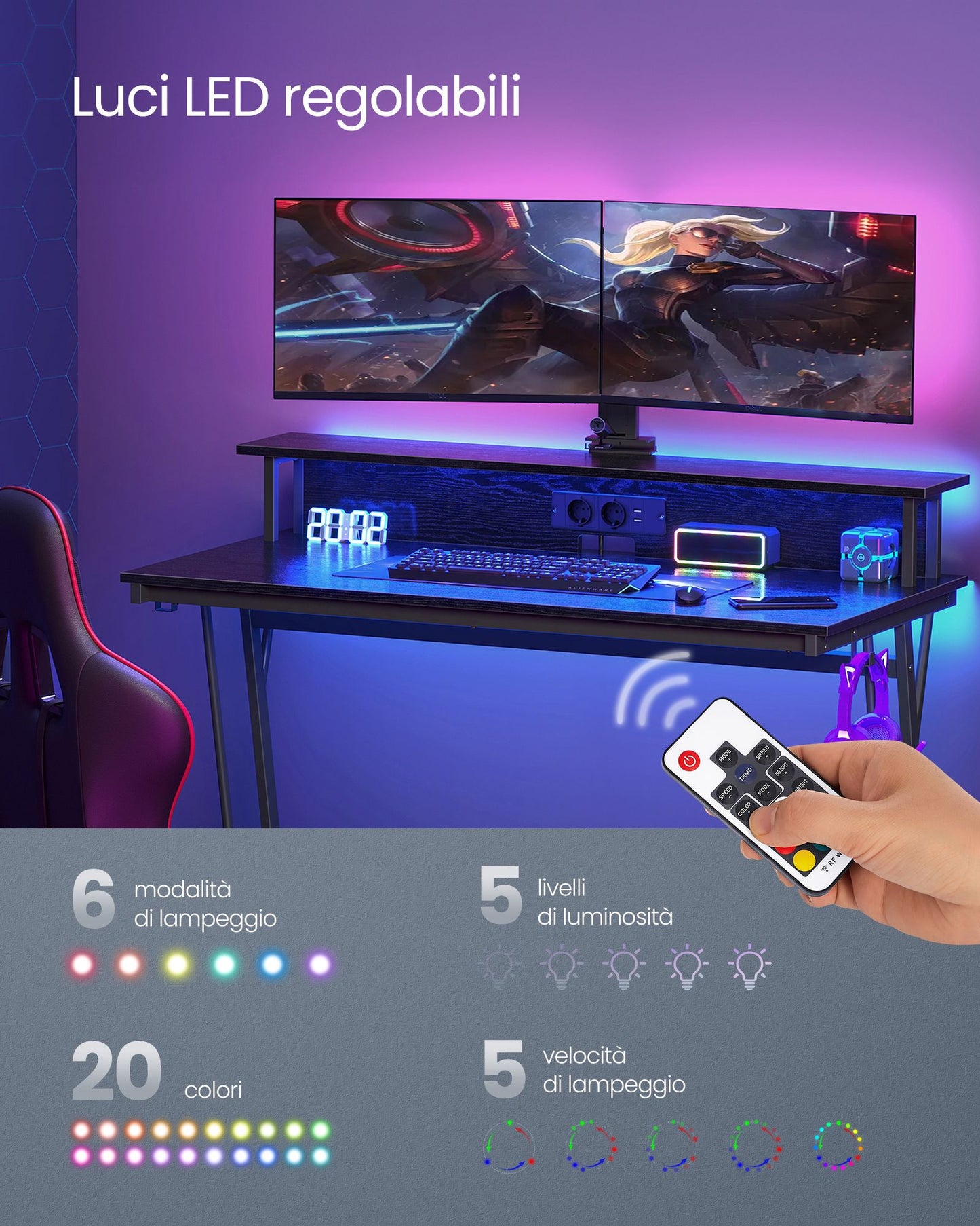 Scrivania Gaming, Scrivania PC, con Luci LED e Prese di Corrente, Supporto per 2 Monitor, Camera da Letto, Nero, Vasagle, 1