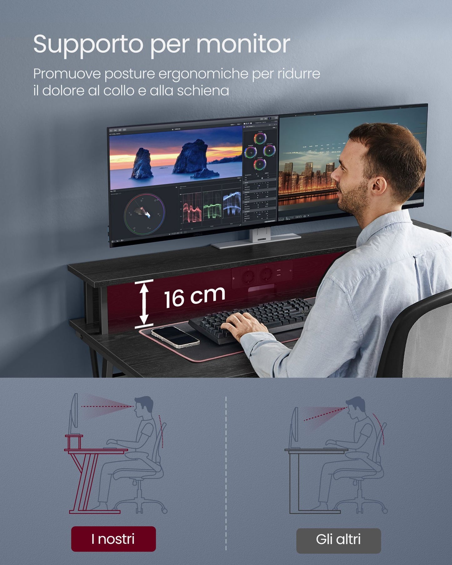 Scrivania Gaming, Scrivania PC, con Luci LED e Prese di Corrente, Supporto per 2 Monitor, Camera da Letto, Nero, Vasagle, 1