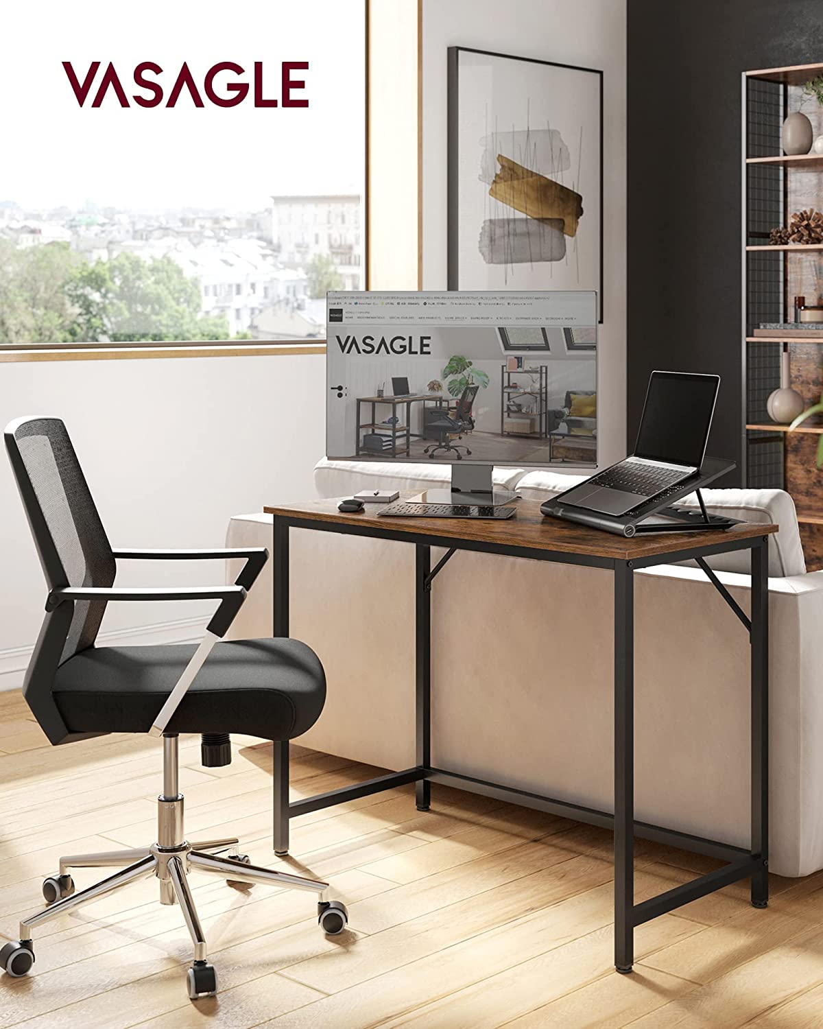 Scrivania PC, Scrivania Ufficio, Piccola Scrivania, 50x100x76cm, Scrivania Salvaspazio, Marrone Vintage e Nero, Vasagle, 1