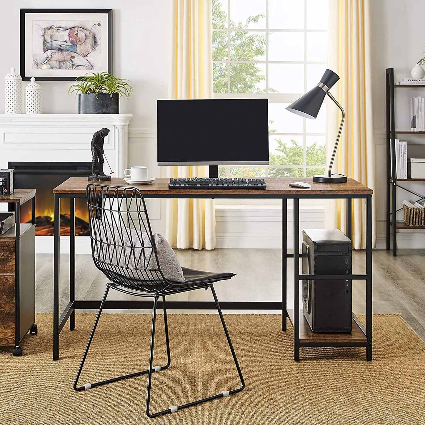 Scrivania con libreria, Scrivania Ufficio, Scrivania PC, con 2 Ripiani, Tavolo da Lavoro, Marrone Vintage e Nero, Vasagle, 1