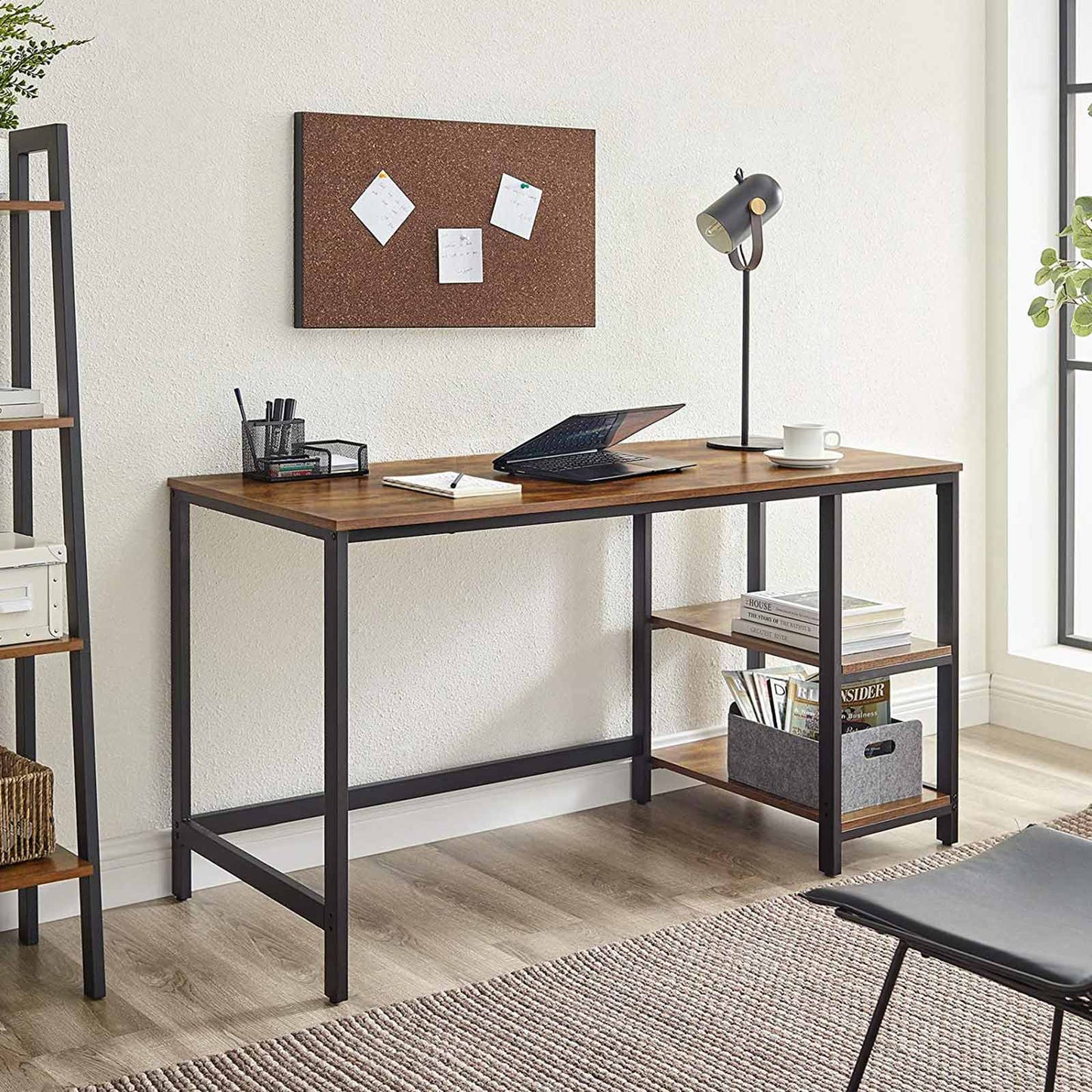 Scrivania con libreria, Scrivania Ufficio, Scrivania PC, con 2 Ripiani, Tavolo da Lavoro, Marrone Vintage e Nero, Vasagle, 1
