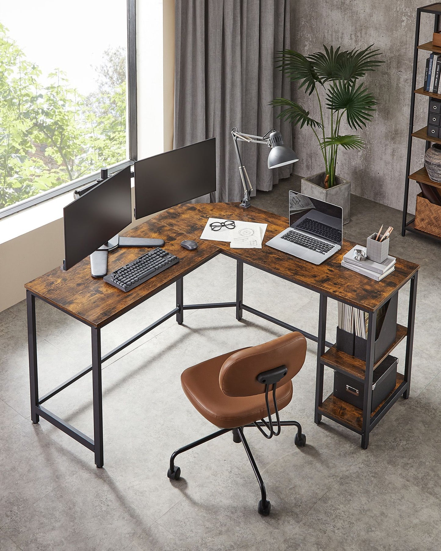 Scrivania Angolare, Scrivania Ufficio, Scrivania PC, Scrivania Studio, Ripiani Regolabili Salvaspazio, Vintage Marrone, Vasagle, 1