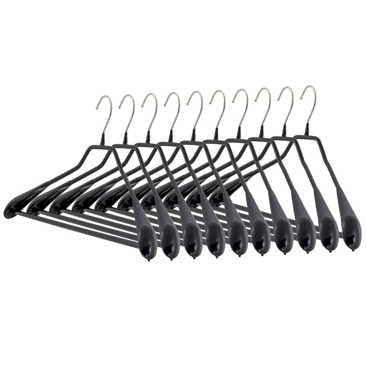 Appendini, 10 pezzi, Grucce per Abiti, Ampio 42 cm, con barra per pantaloni, gancio girevole a 360°, MAWA Bodyform LS - Nero, 1