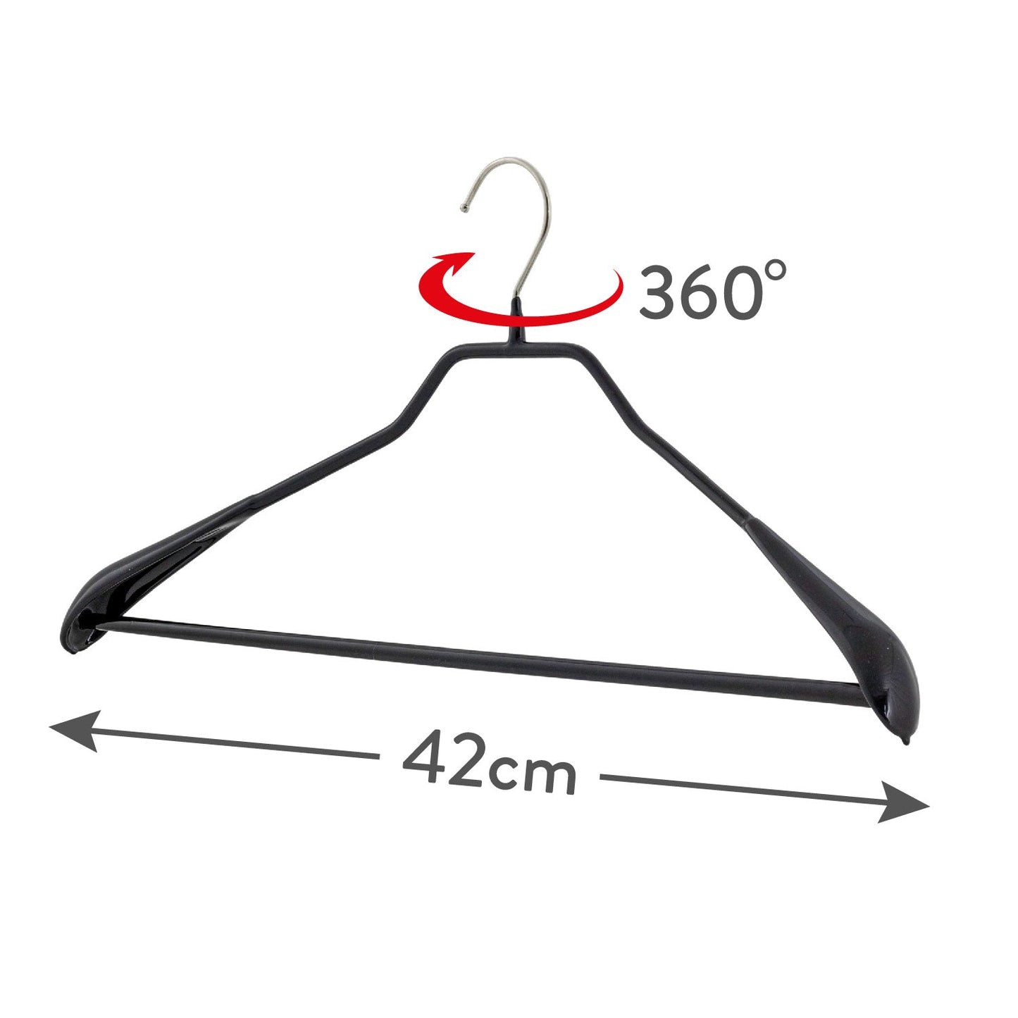 Appendini, 10 pezzi, Grucce per Abiti, Ampio 42 cm, con barra per pantaloni, gancio girevole a 360°, MAWA Bodyform LS - Nero, 3