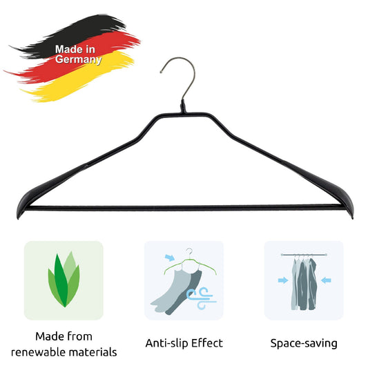 Appendini, 10 pezzi, Grucce per Abiti, Ampio 42 cm, con barra per pantaloni, gancio girevole a 360°, MAWA Bodyform LS - Nero, 2