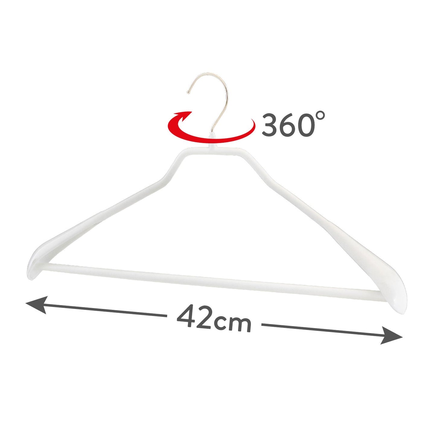 Appendini, 10 pezzi, Grucce per Abiti, Ampio 42 cm, con barra per pantaloni, gancio girevole a 360°, MAWA Bodyform LS - Bianco, 3