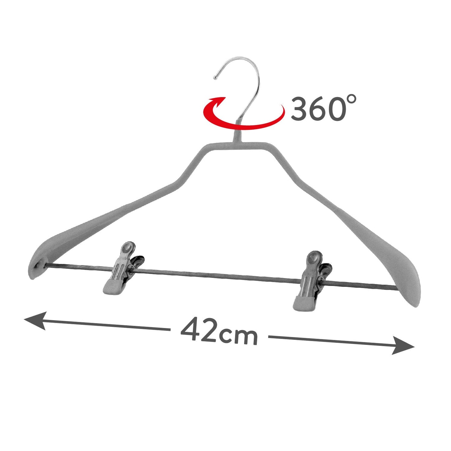 Appendini, 10 pezzi, Grucce per abiti, con barra a clip, Ampio 42cm, con gancio girevole a 360°, MAWA Bodyform LK - Argenté, 3