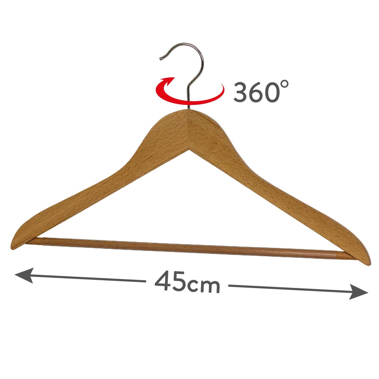 Appendini, 10 Pezzi, Grucce per abiti, con Barra, Ampio 45cm, Appendiabiti in legno, gancio girevole a 360°, MAWA Business RFS - Naturale, 3
