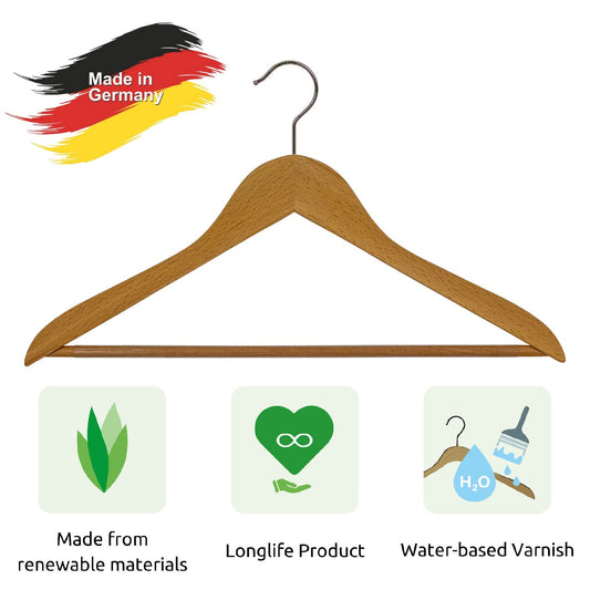 Appendini, 10 Pezzi, Grucce per abiti, con Barra, Ampio 45cm, Appendiabiti in legno, gancio girevole a 360°, MAWA Business RFS - Naturale, 2