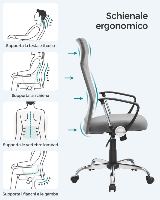 Sedia da Ufficio, Sedia da Scrivania, Ergonomica, Sedia Girevole, Regolabile in Altezza e Inclinabile, Grigio, Songmics, 2