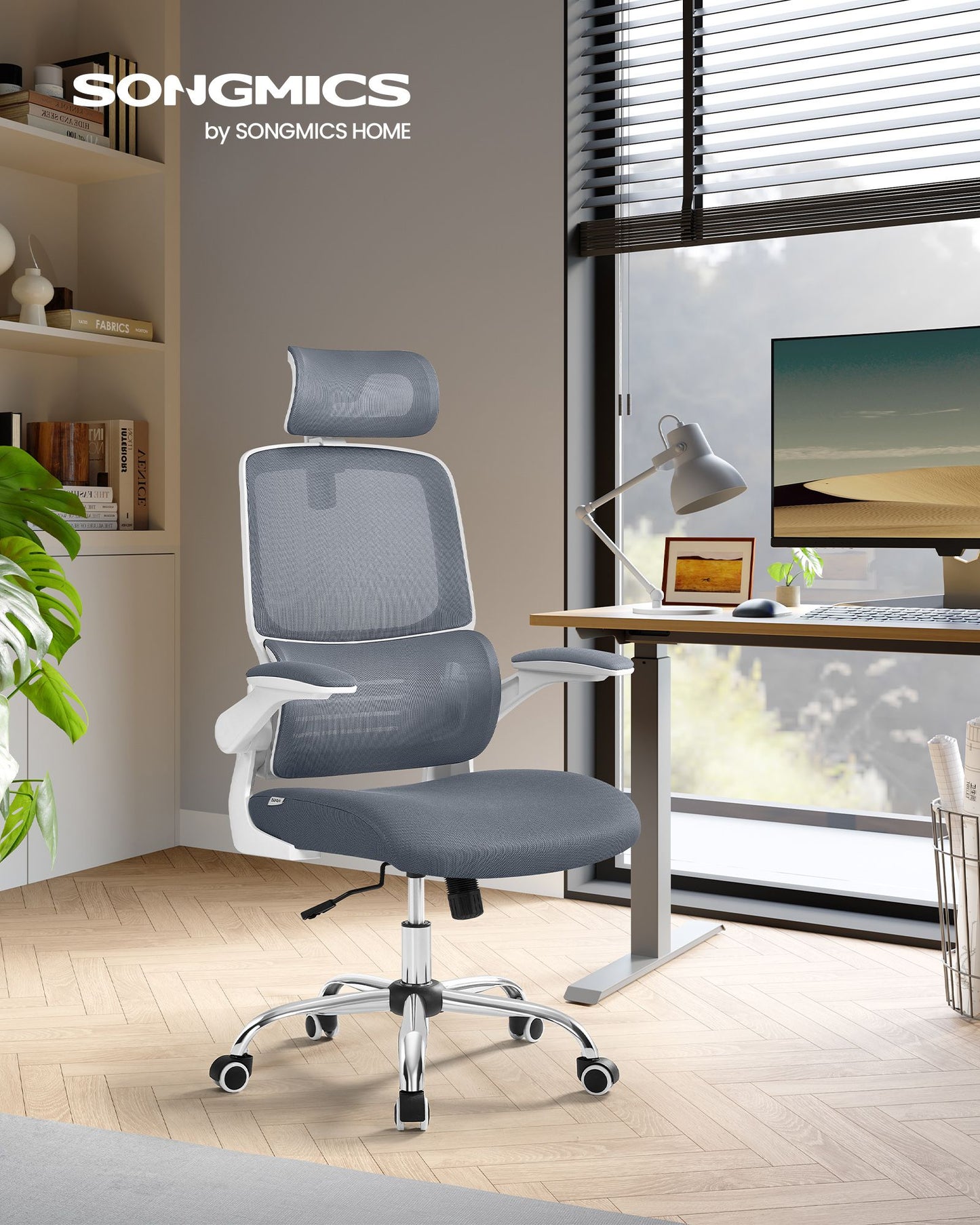 Sedia da Scrivania, Sedia Ufficio Ergonomica, Schienale Alto, Braccioli Ribaltabili, Supporto Lombare, Grigio, Songmics, 2