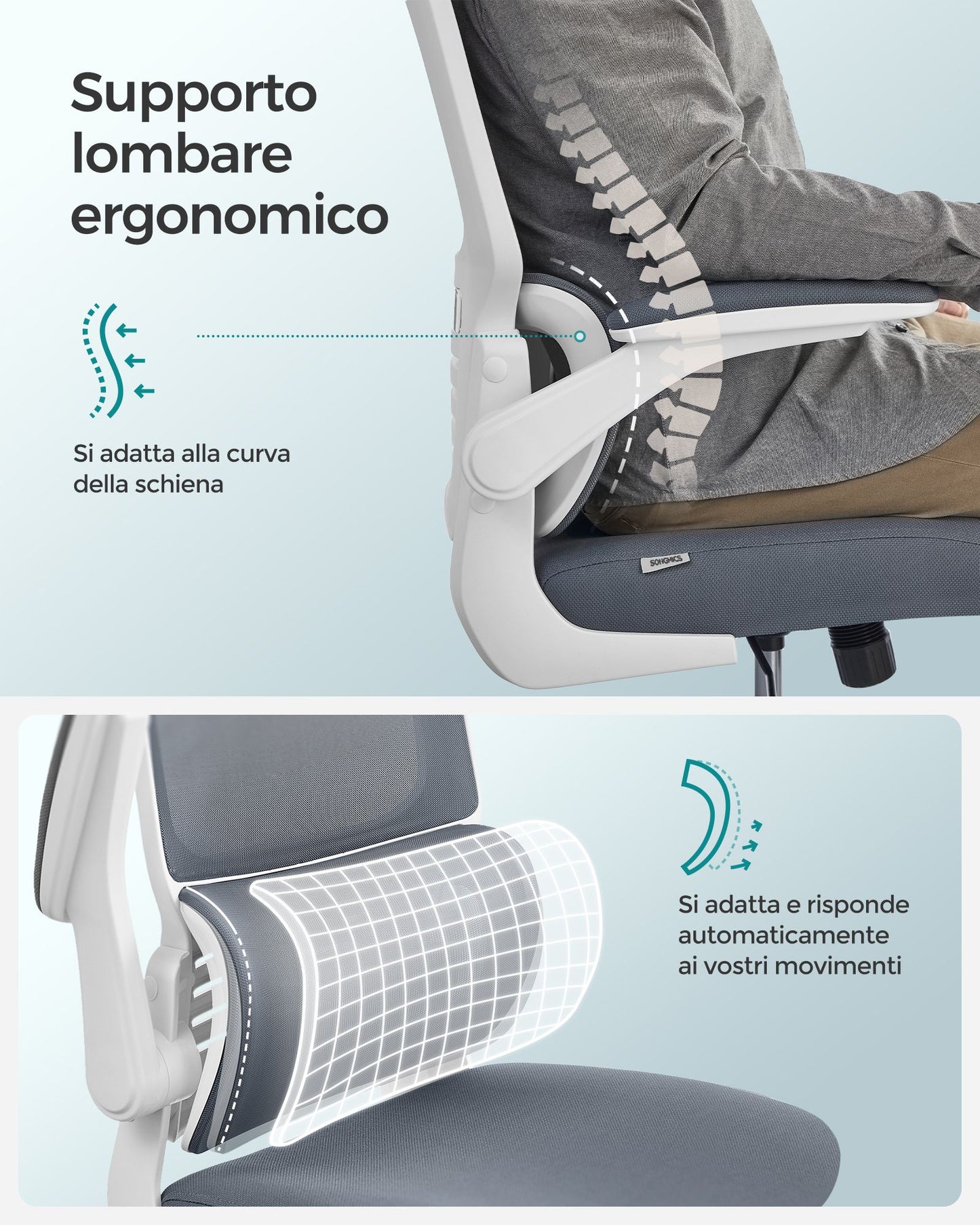Sedia da Scrivania, Sedia Ufficio Ergonomica, Schienale Alto, Braccioli Ribaltabili, Supporto Lombare, Grigio, Songmics, 3