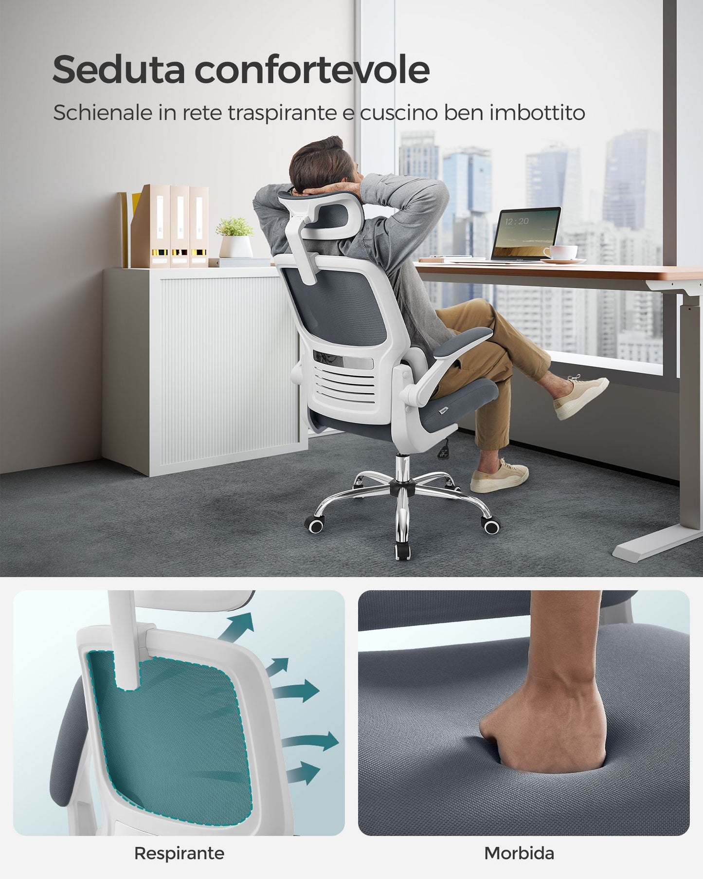 Sedia da Scrivania, Sedia Ufficio Ergonomica, Schienale Alto, Braccioli Ribaltabili, Supporto Lombare, Grigio, Songmics, 4