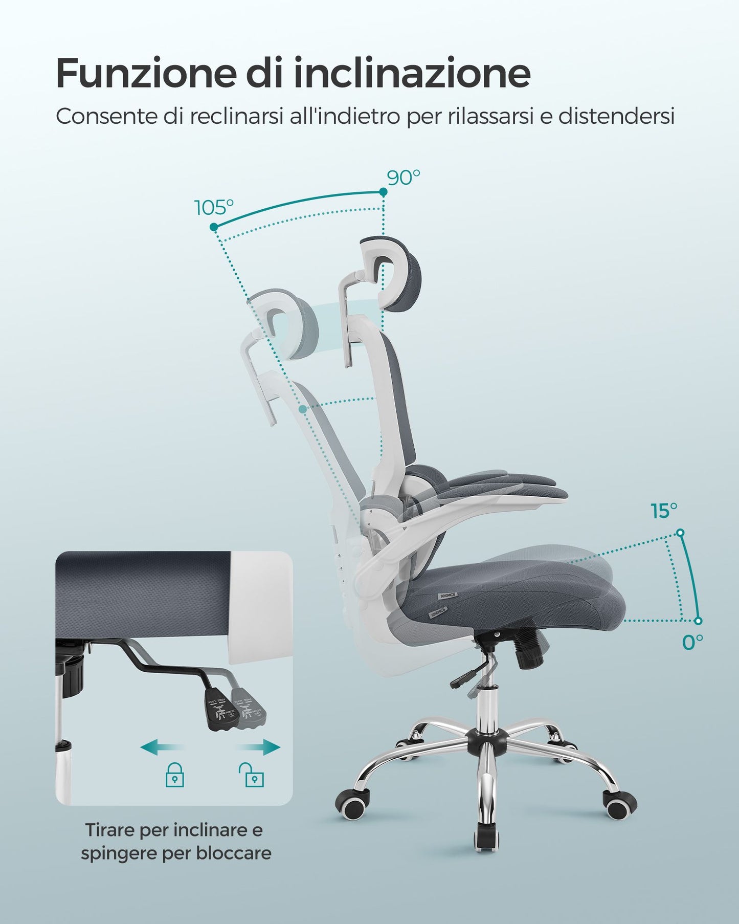 Sedia da Scrivania, Sedia Ufficio Ergonomica, Schienale Alto, Braccioli Ribaltabili, Supporto Lombare, Grigio, Songmics, 5