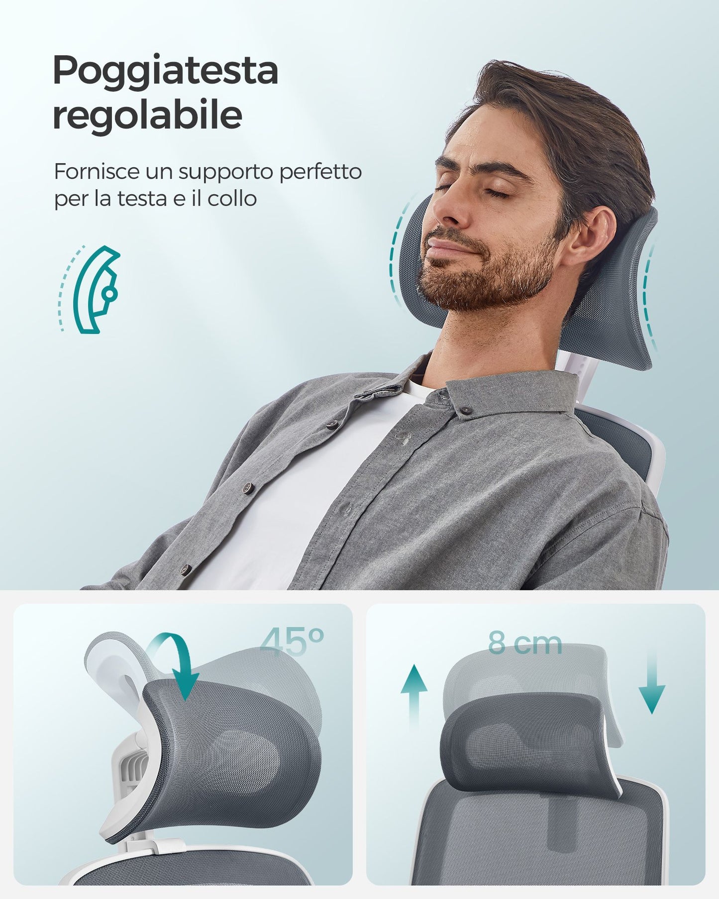 Sedia da Scrivania, Sedia Ufficio Ergonomica, Schienale Alto, Braccioli Ribaltabili, Supporto Lombare, Grigio, Songmics, 6
