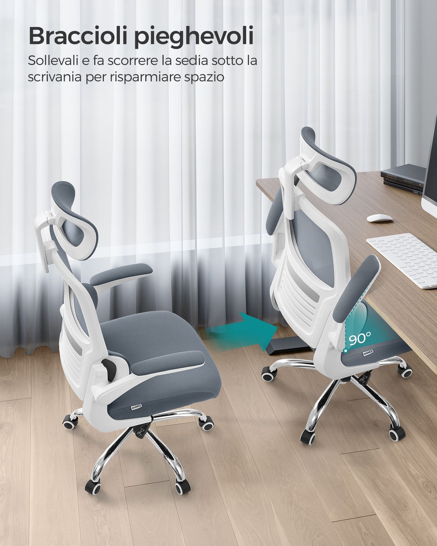 Sedia da Scrivania, Sedia Ufficio Ergonomica, Schienale Alto, Braccioli Ribaltabili, Supporto Lombare, Grigio, Songmics, 7