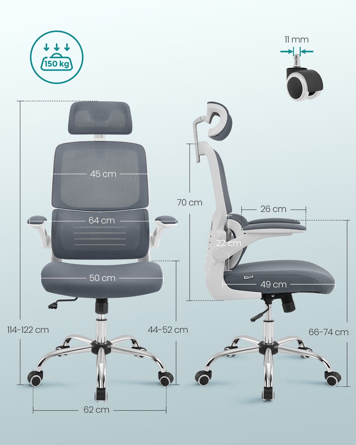 Sedia da Scrivania, Sedia Ufficio Ergonomica, Schienale Alto, Braccioli Ribaltabili, Supporto Lombare, Grigio, Songmics, 8