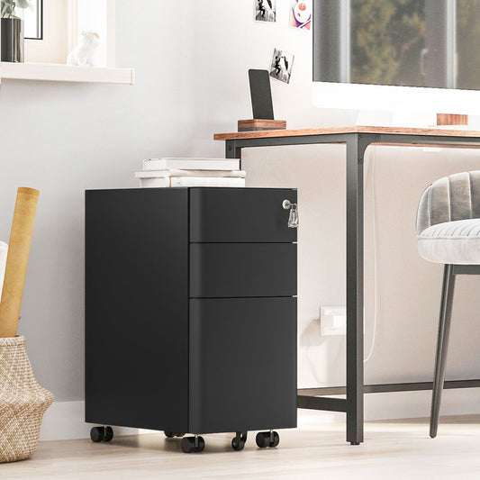 Сassettiera Metallo, 3 Ampi Cassetti con Serratura, Cassettiera Scrivania, con Rotelle, per Cancelleria, Nero, Songmics, 3