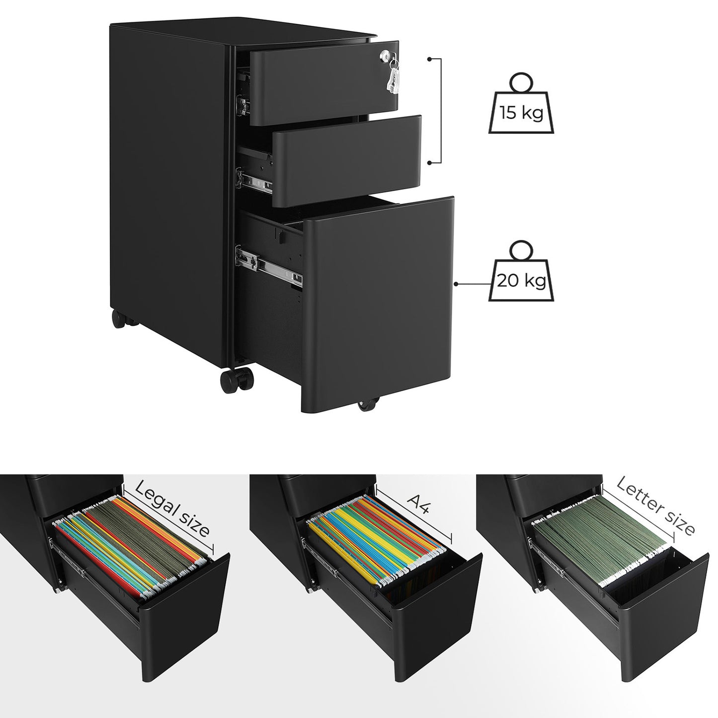 Сassettiera Metallo, 3 Ampi Cassetti con Serratura, Cassettiera Scrivania, con Rotelle, per Cancelleria, Nero, Songmics, 8