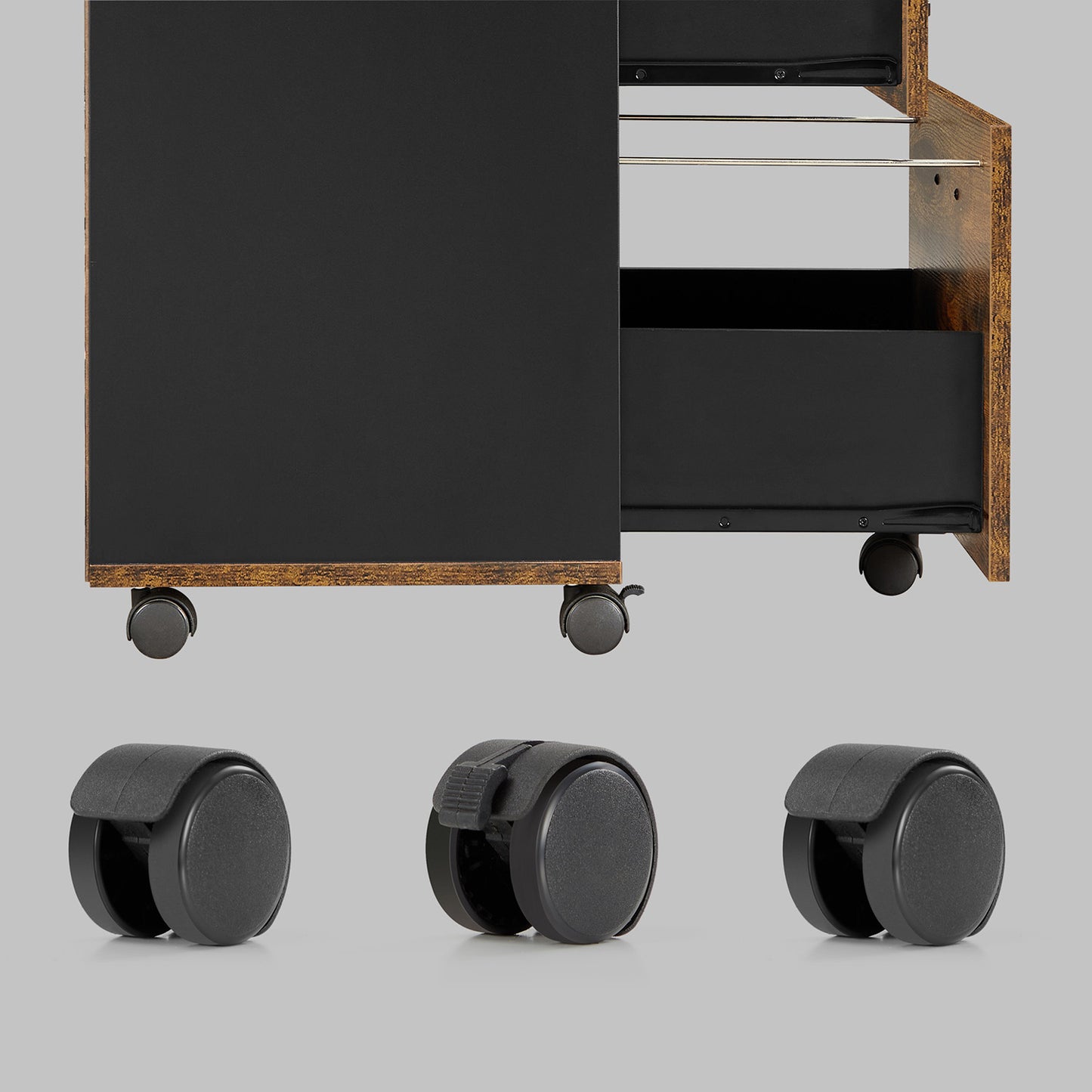 Cassettiera Ufficio, Cassettiera Scrivania, 2 cassetti, Credenza su ruote, per Documenti A4, Marrone Rustico e Nero, Vasagle, 8