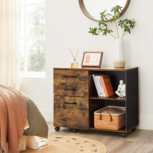 Cassettiera Ufficio, Armadio Ufficio, Cassettiera Scrivania, 3 cassetti, con Scomparti Aperti, Rustico Marrone e Nero, Vasagle, 2