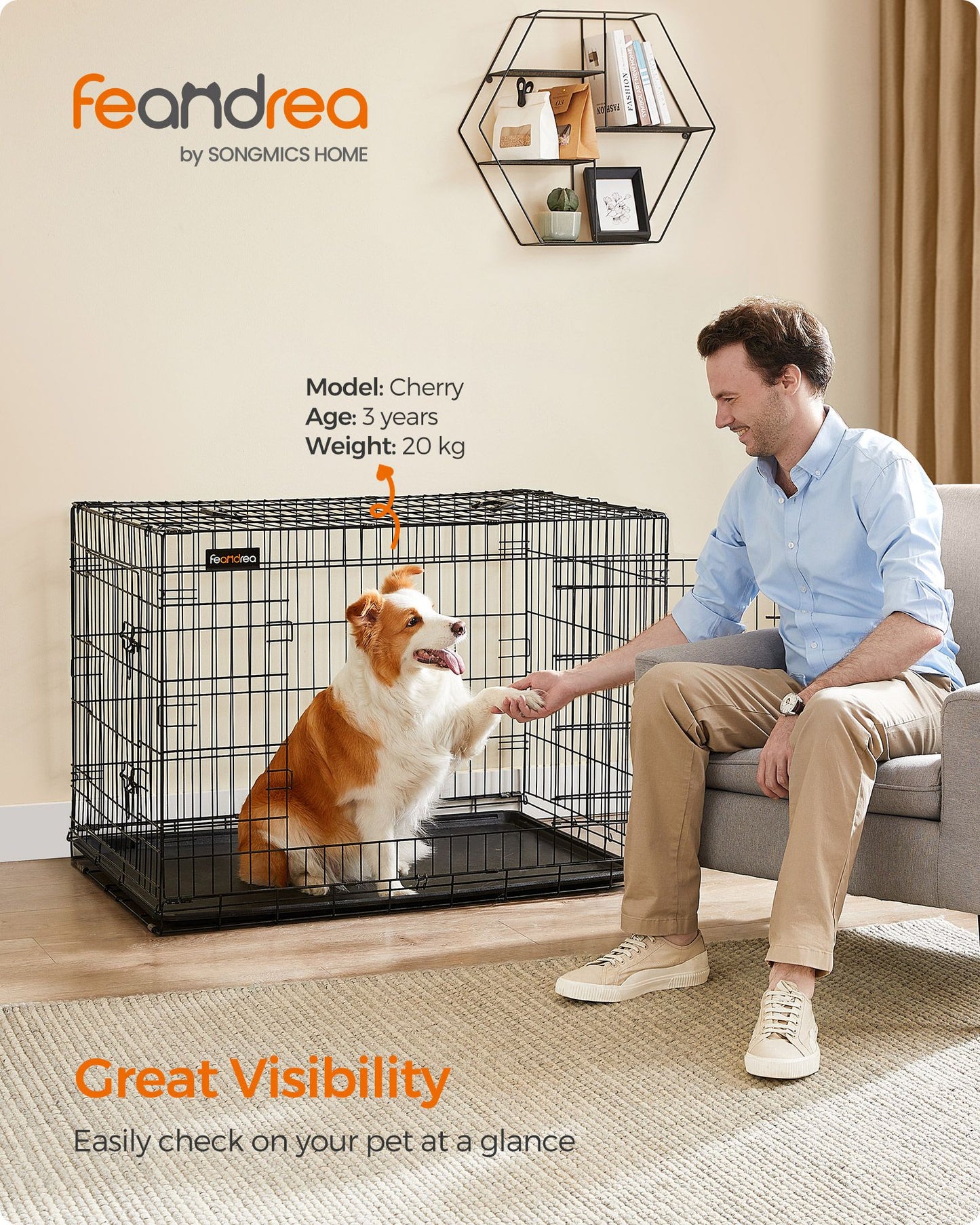 Gabbia per Cani, Gabbie per Cani da interno, Pieghevole, con 2 Porte, Vassoio Rimovibile, XL, Nero, Feandrea, 3