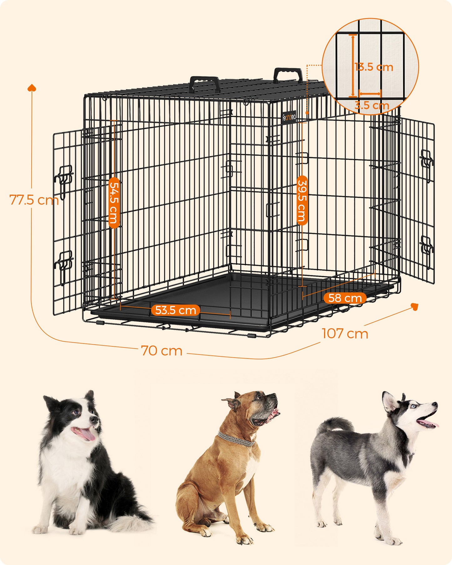 Gabbia per Cani, Gabbie per Cani da interno, Pieghevole, con 2 Porte, Vassoio Rimovibile, XL, Nero, Feandrea, 5
