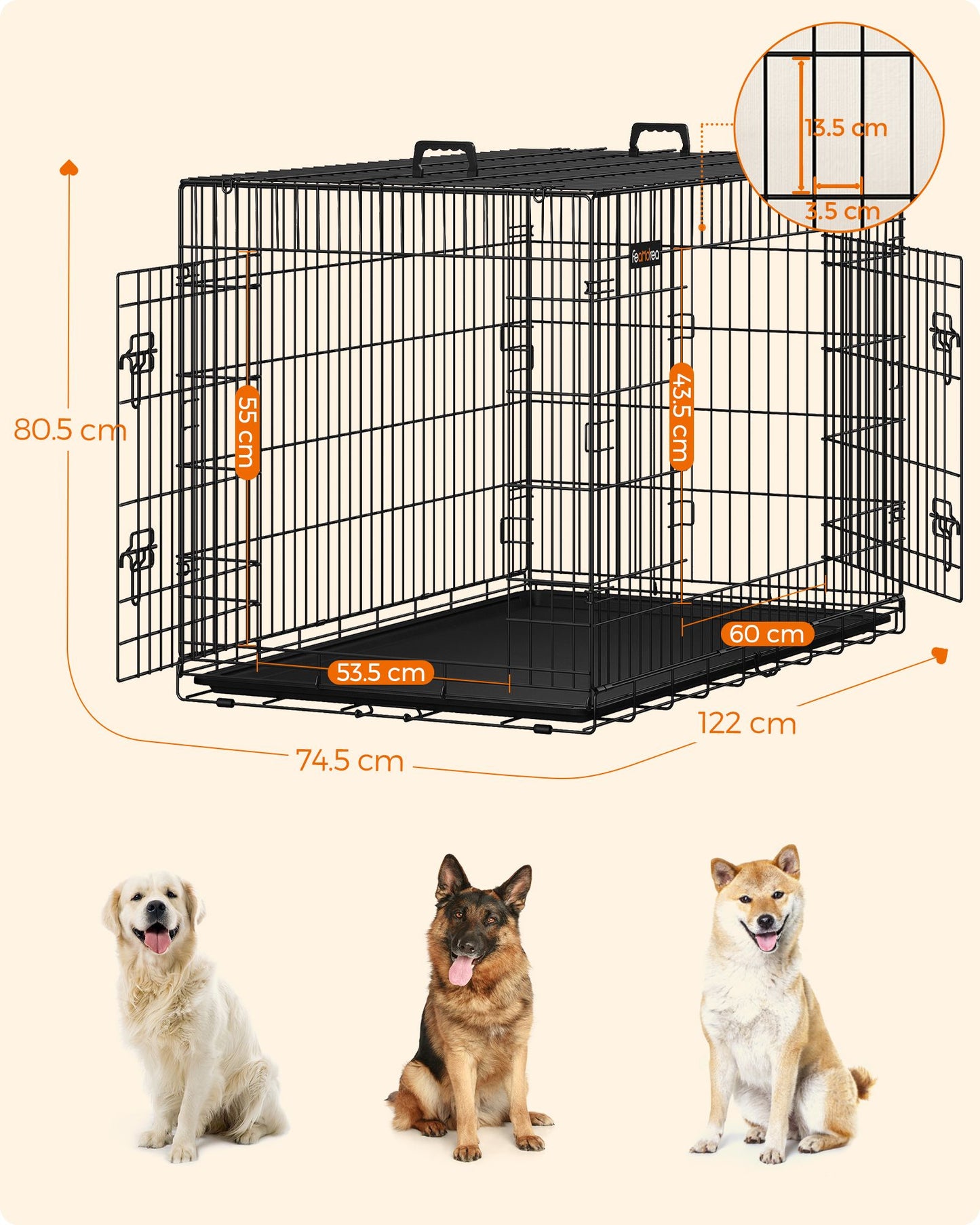 Gabbia per Cani, XXL, Gabbie per Cani da interno, con 2 Porte, Vassoio Rimovibile, Nero, Feandrea, 3