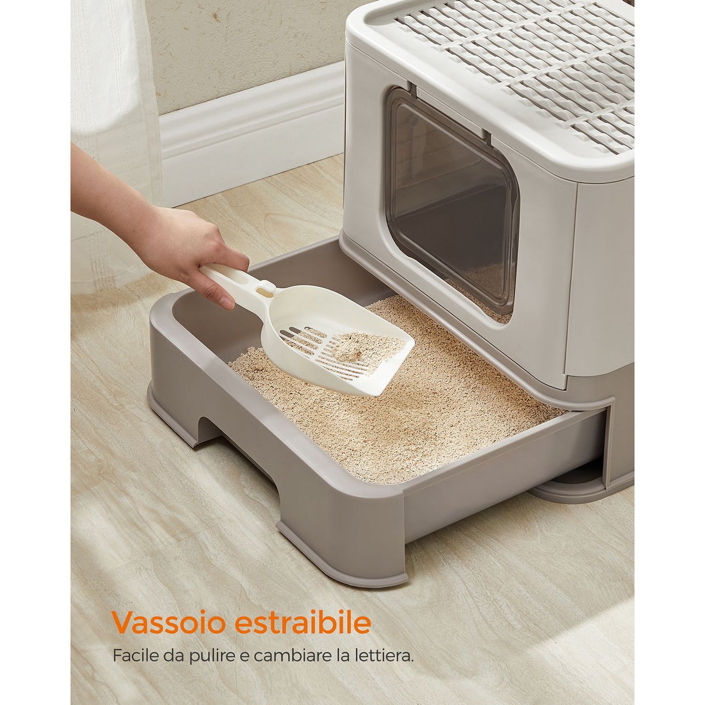 Lettiera per Gatti Grandi, Nascosta, Casetta con Vassoio Estraibile, Paletta, Ampio Portata 15 kg, Feandrea, 3