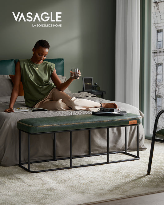 Panca, Seduta, Panchina letto, Panca da Ingresso, PU con Cuciture, Struttura in acciaio, Portata 300 kg, Verde, Vasagle, 1