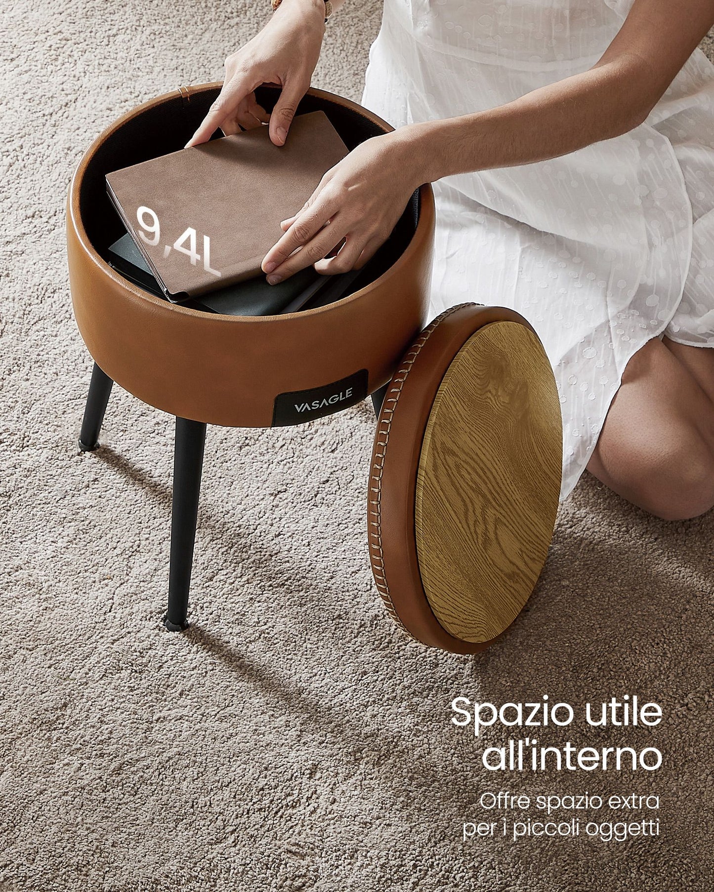 Panca, Seduta, Panchina letto, Sgabello, Pouf contenitore, PU, Poggiapiedi, Gambe in acciaio, 150 kg, Vasagle, 7