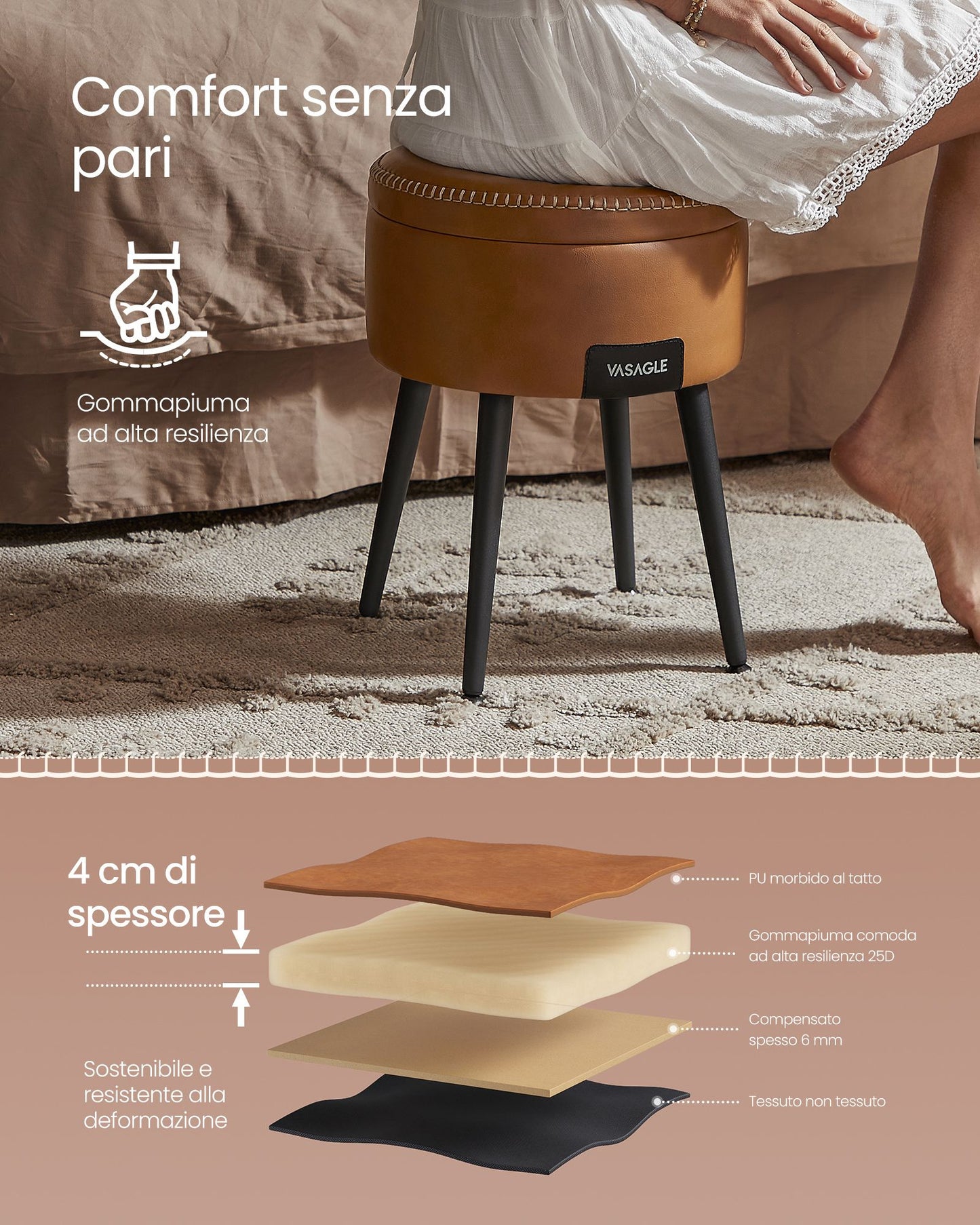 Panca, Seduta, Panchina letto, Sgabello, Pouf contenitore, PU, Poggiapiedi, Gambe in acciaio, 150 kg, Vasagle, 5