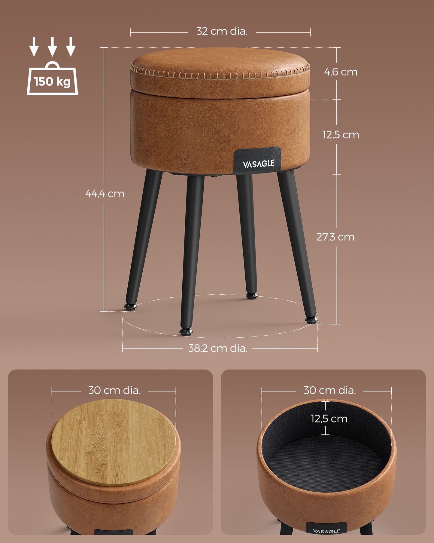Panca, Seduta, Panchina letto, Sgabello, Pouf contenitore, PU, Poggiapiedi, Gambe in acciaio, 150 kg, Vasagle, 6