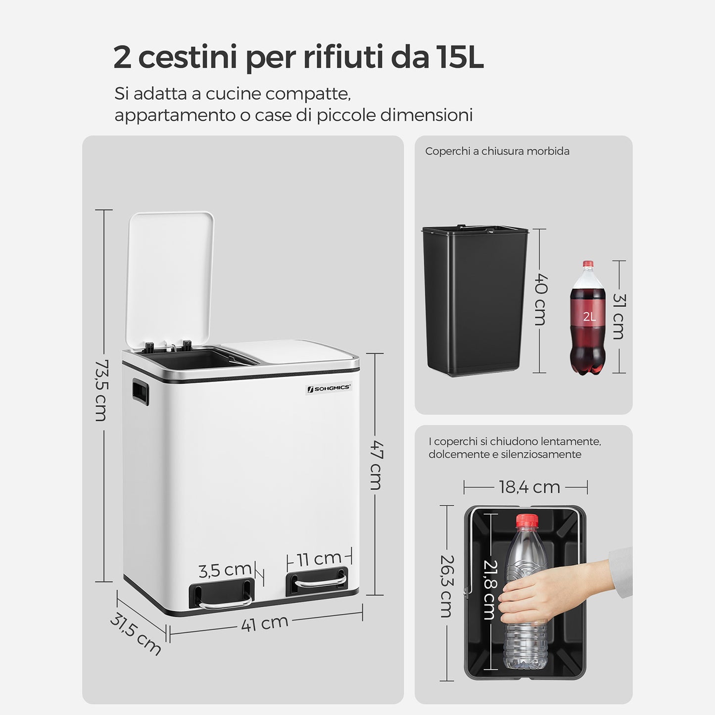 Pattumiera, Cestino da cucina, Doppio secchio, Pattumiera a pedale, Coperchi a chiusura morbida, Acciaio, Songmics, 4