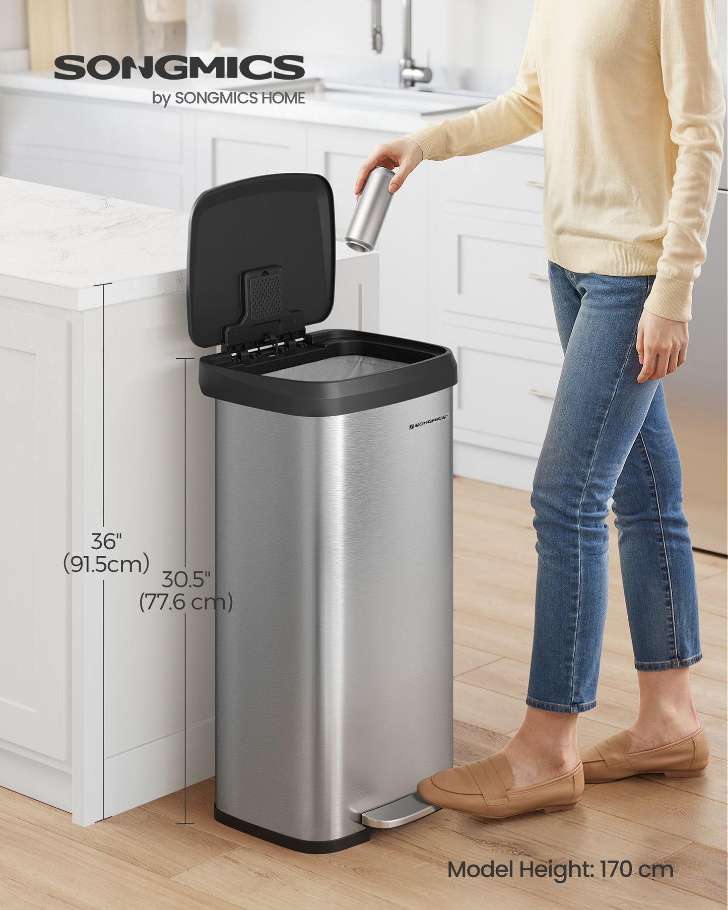 Pattumiera, Pattumiera da cucina, acciaio inox, Coperchio e pedale, Chiusura morbida, Argento e Nero, Songmics, 8