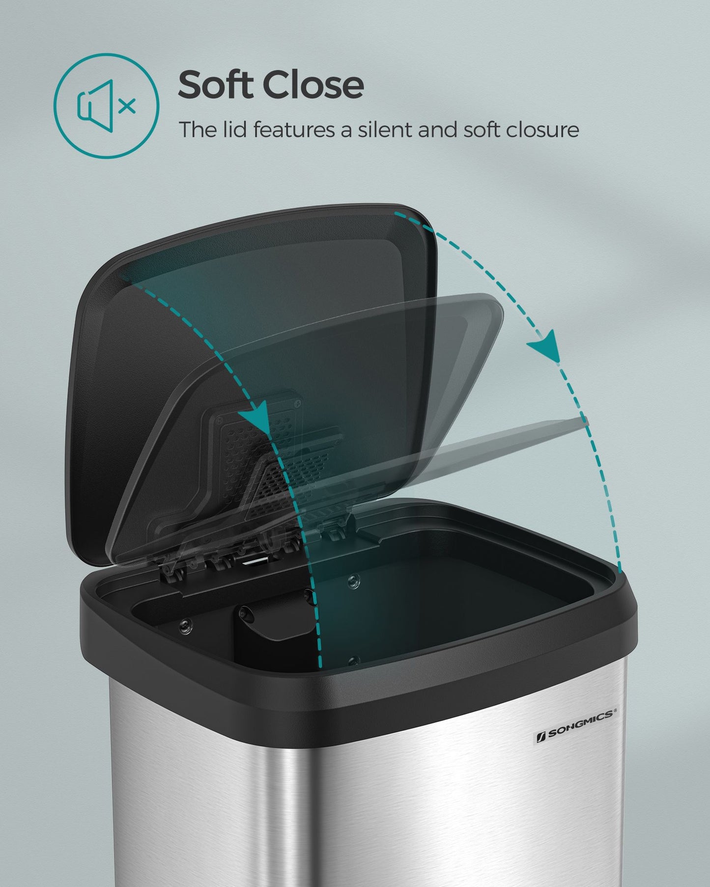 Pattumiera, Pattumiera da cucina, acciaio inox, Coperchio e pedale, Chiusura morbida, Argento e Nero, Songmics, 3