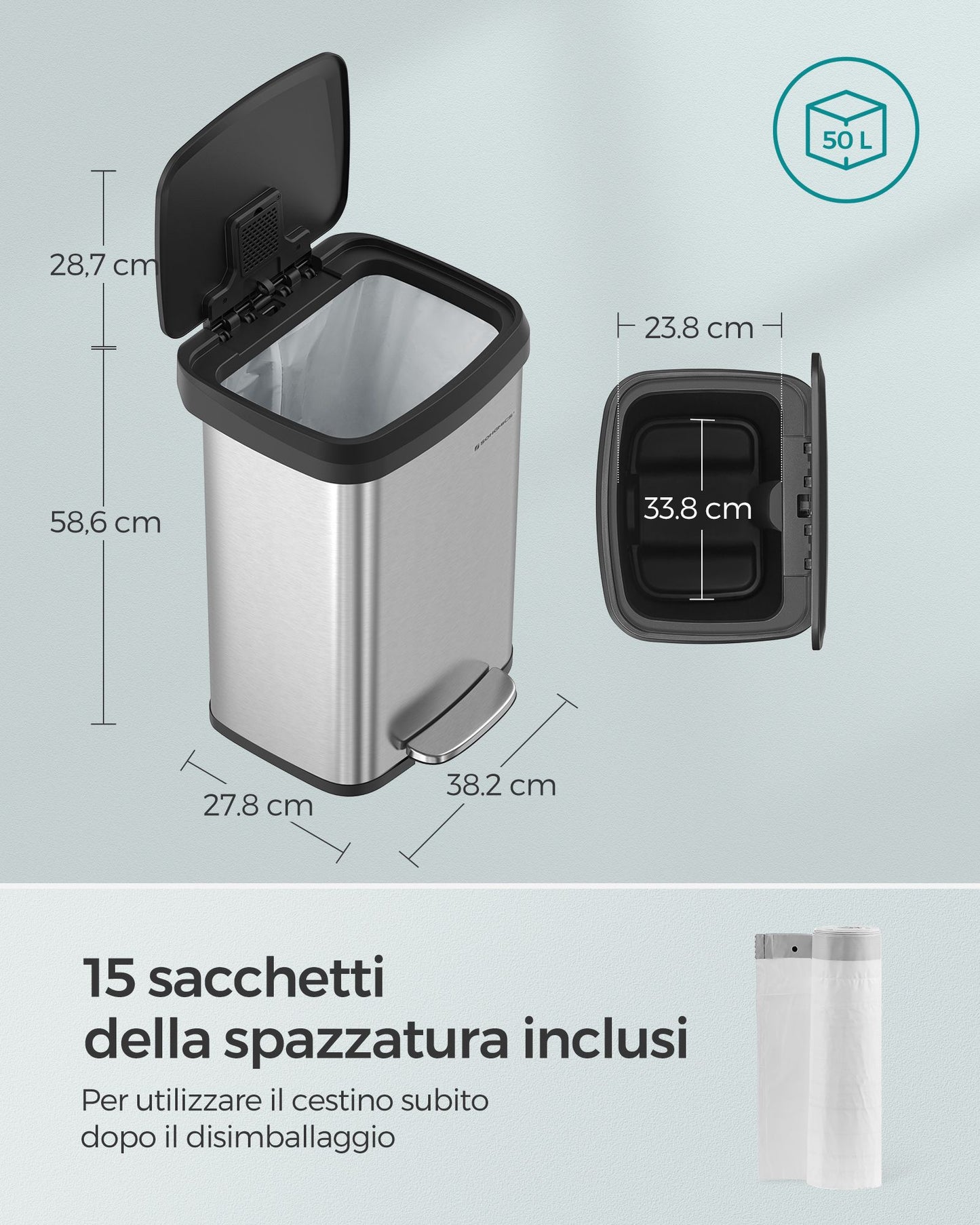Pattumiera da cucina, Pattumiera, 50 L, Pattumiera a pedale, in metallo, con coperchio, Pattumiera alta, Songmics, 2