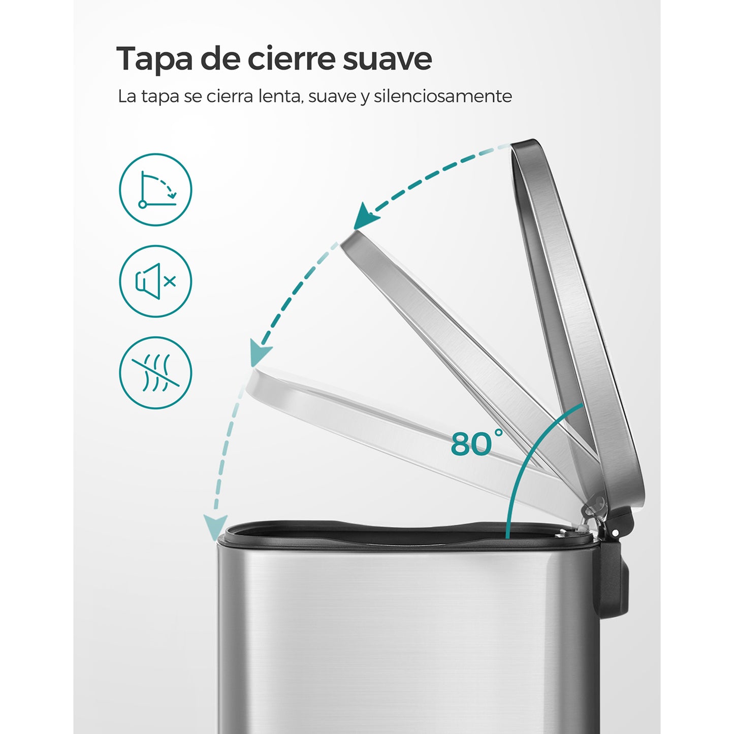 Pattumiera da cucina, Pattumiera a pedale, 50 L, Secchio in plastica, Coperchio, Chiusura morbida, Argento, Songmics, 2