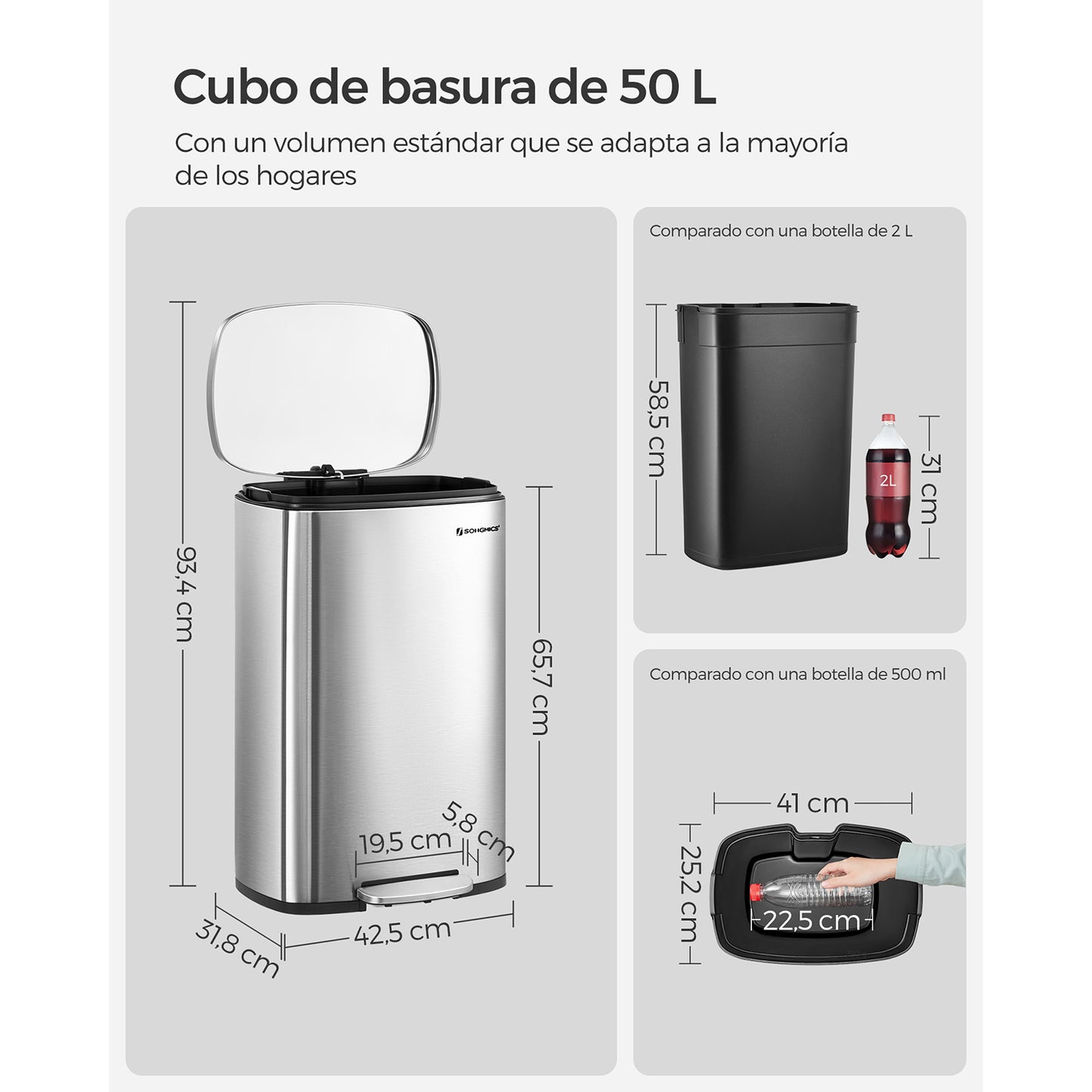 Pattumiera da cucina, Pattumiera a pedale, 50 L, Secchio in plastica, Coperchio, Chiusura morbida, Argento, Songmics, 5