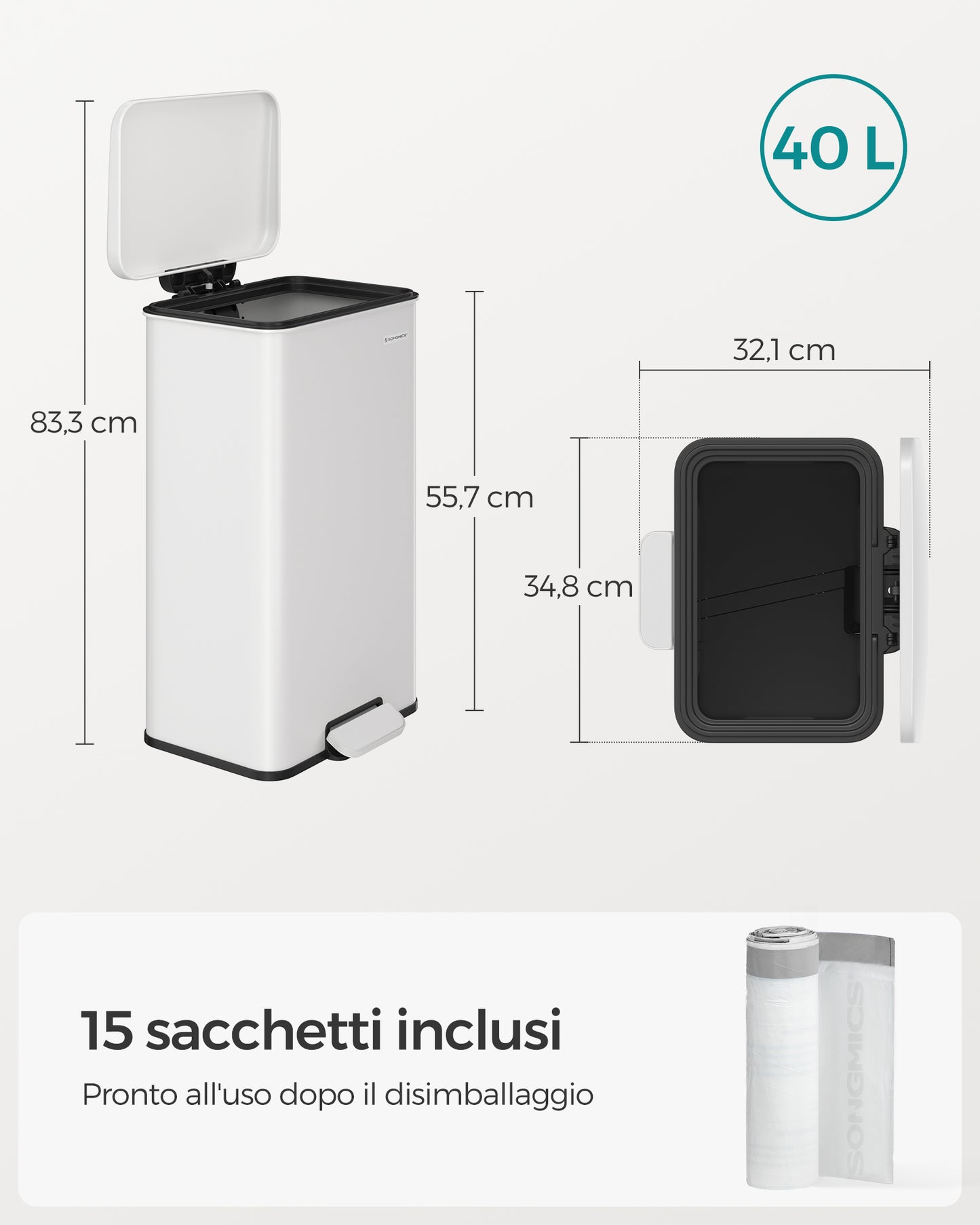 Pattumiera, Pattumiera differenziata, Pattumiera a pedale, Acciaio, 40 litri, Coperchio e 15 Sacchi, Bianca, Songmics, 6