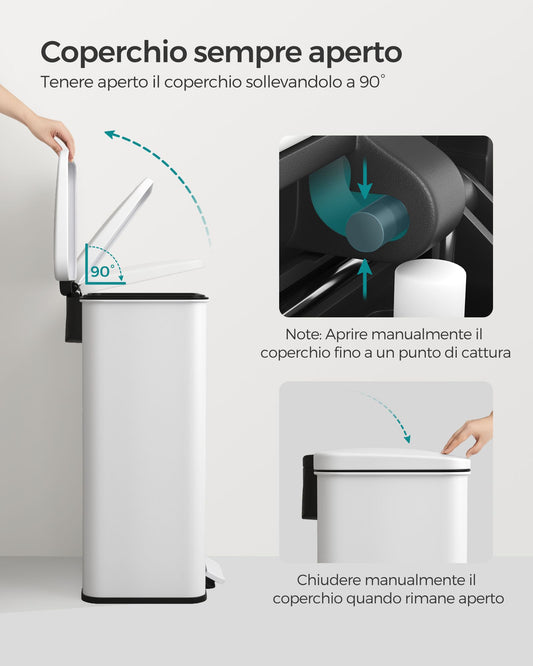 Pattumiera, Pattumiera differenziata, Pattumiera a pedale, Acciaio, 40 litri, Coperchio e 15 Sacchi, Bianca, Songmics, 1